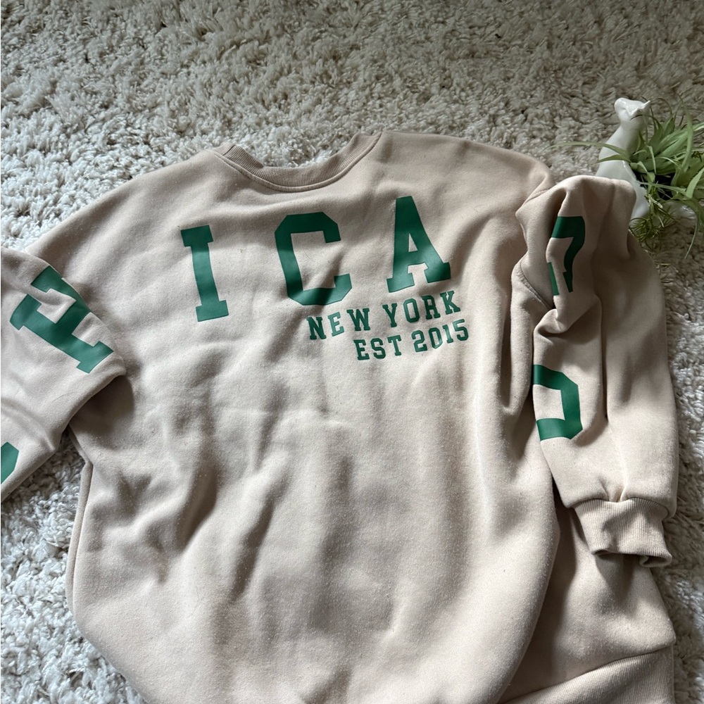 Tan and Green Crewneck Sweater with Collegiate Style